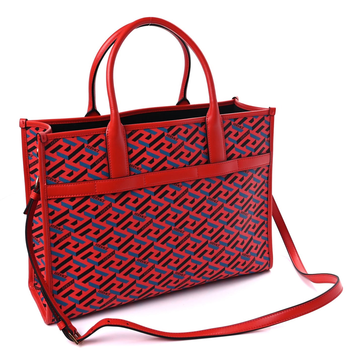 Coated Canvas Calfskin La Greca Signature Tote Bag  Blue Red