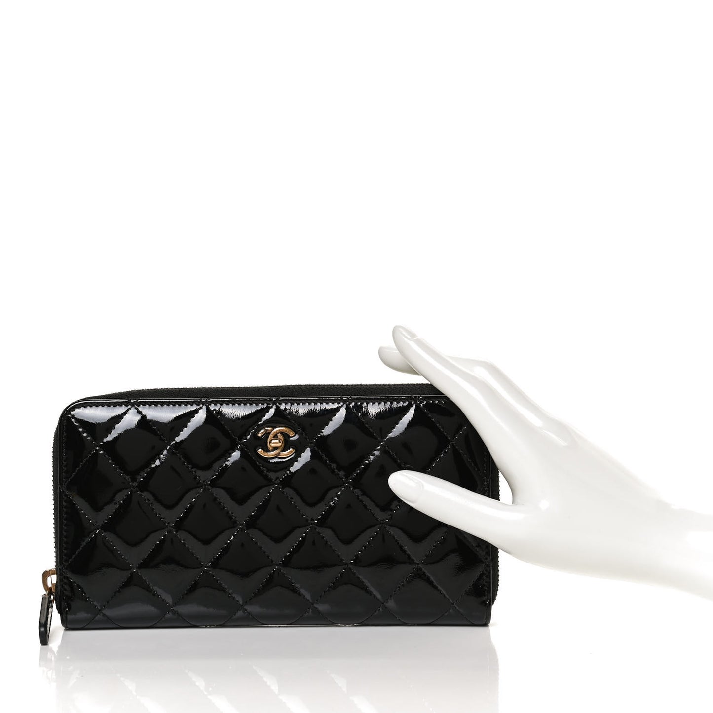 Patent Quilted Large Gusset Zip Around Wallet Black