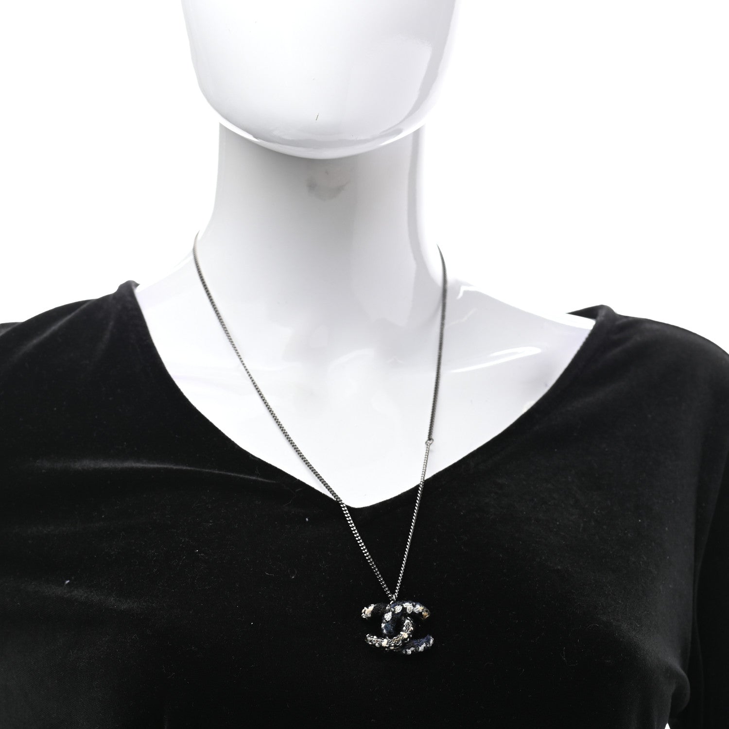 Chanel Tweed Ruthenium CC Pendant Necklace Black Silver 2 of 7