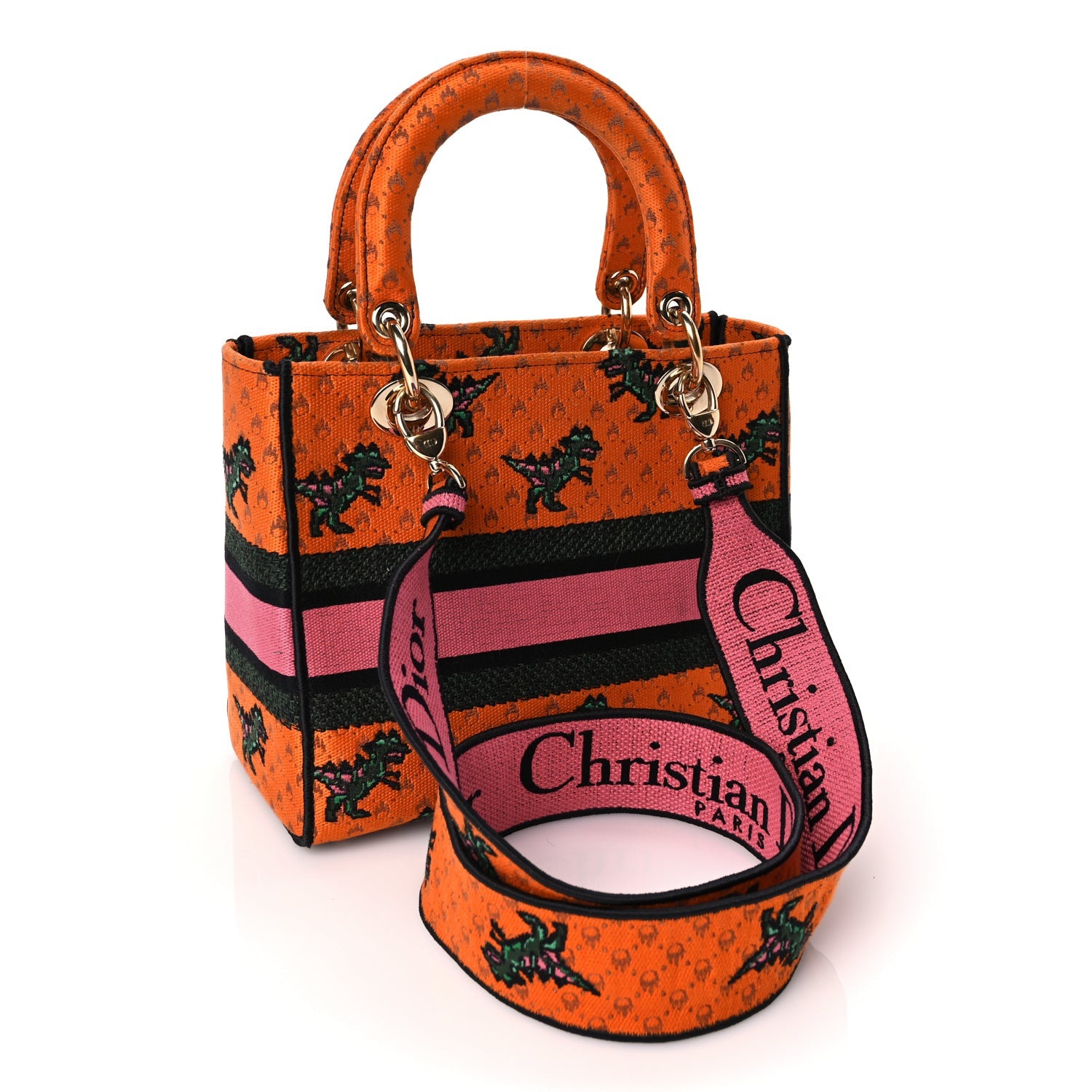 Christian Dior Canvas Embroidered Dino Medium Lady D-Lite Orange Multicolor 2 of 8