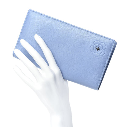 Chanel Goatskin Camellia Embossed Yen Wallet Blue 2 of 13