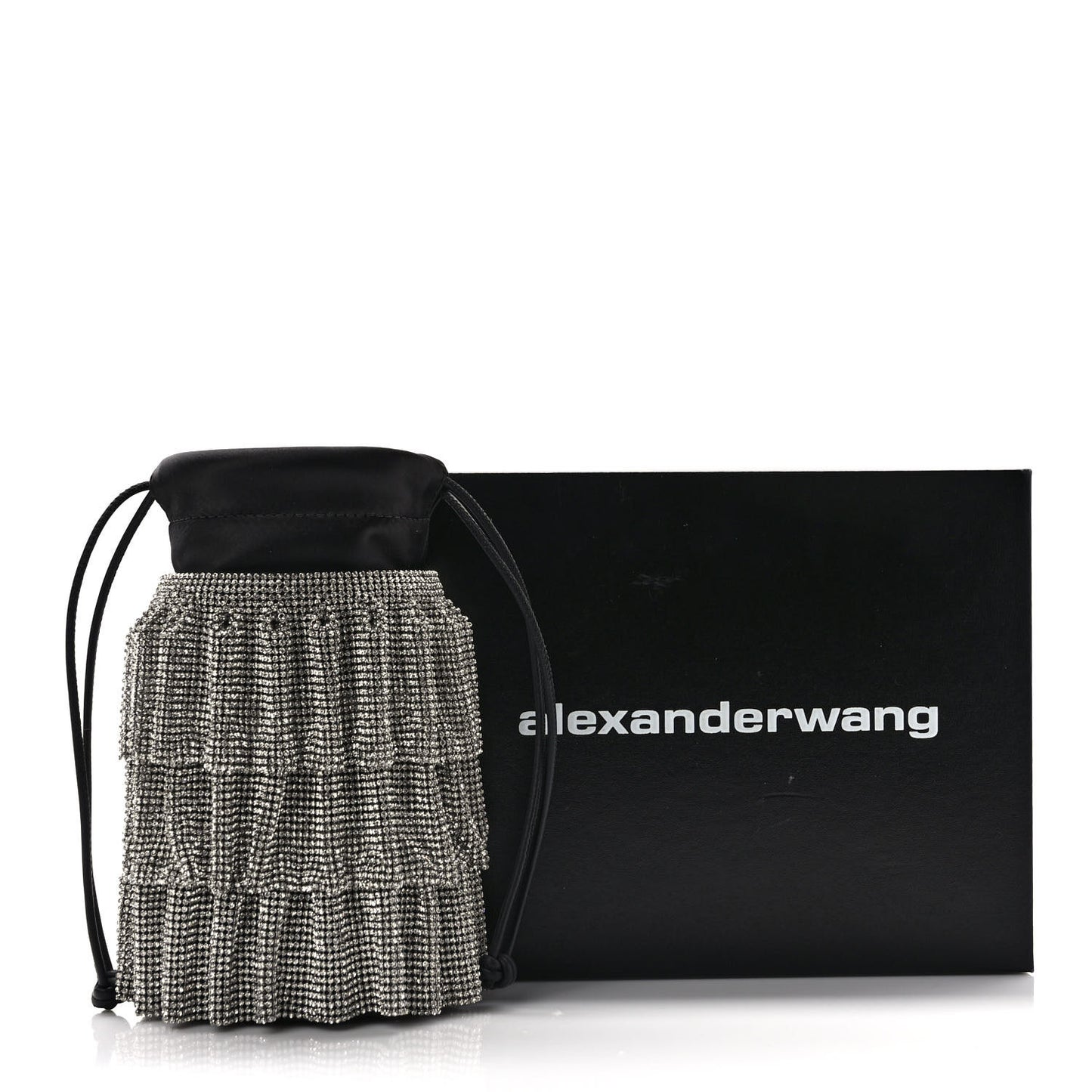 Satin Mesh Crystal Rhinestone Drawstring Pouch White Black