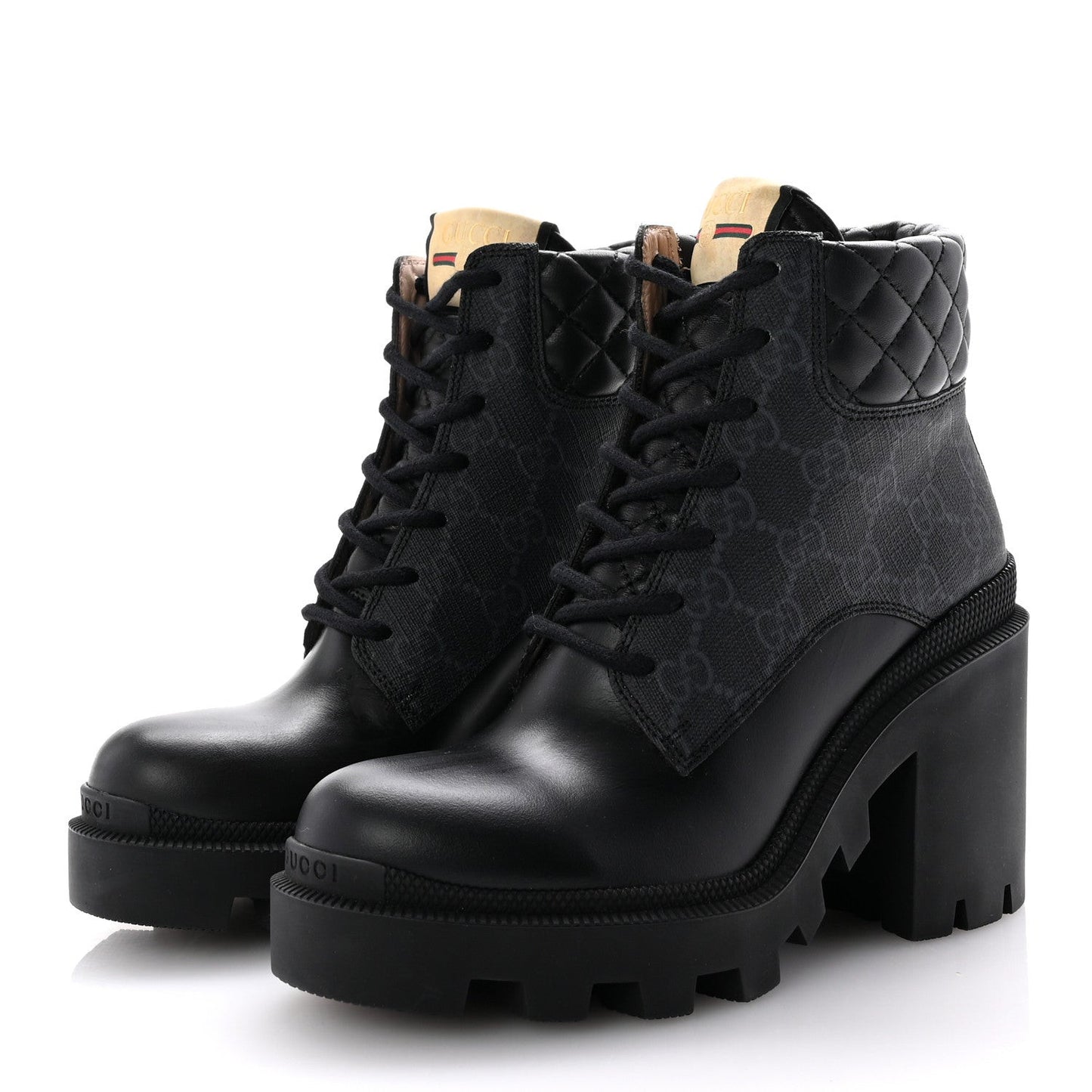 Apollo Calfskin GG Supreme Nappa Samoa Quilted Lace Up Ankle Boots 35 Black