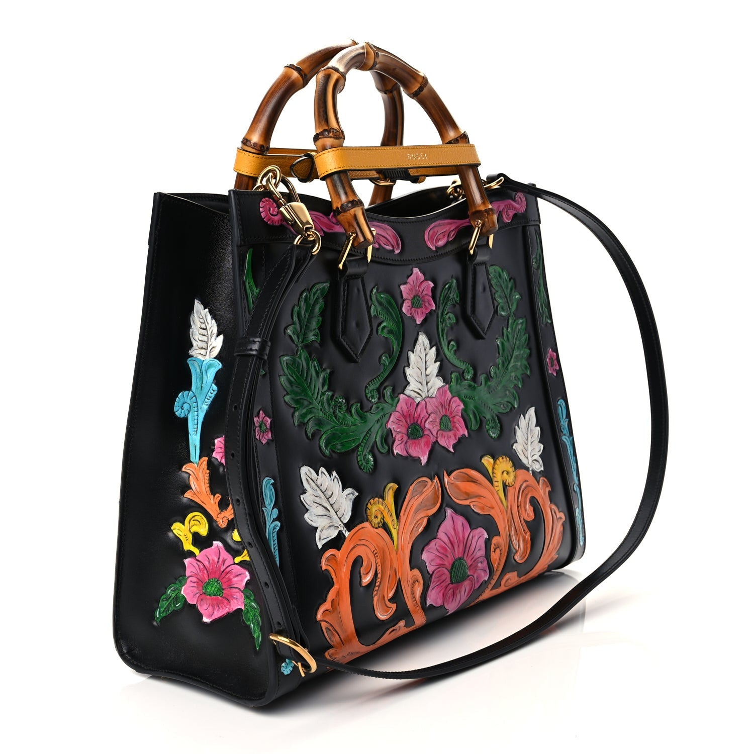 Gucci Calfskin Floral Embossed Diana Tote Bag Black Multicolor 2 of 9