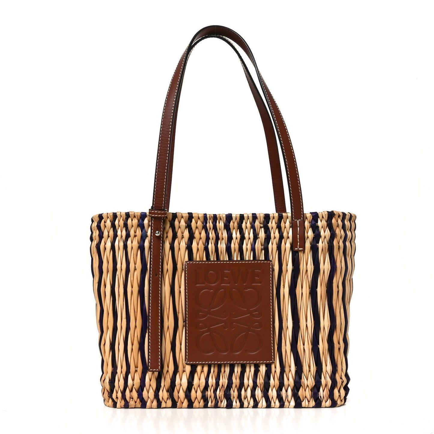 Reed Square Small Basket Tote Bag Natural Pecan Blue