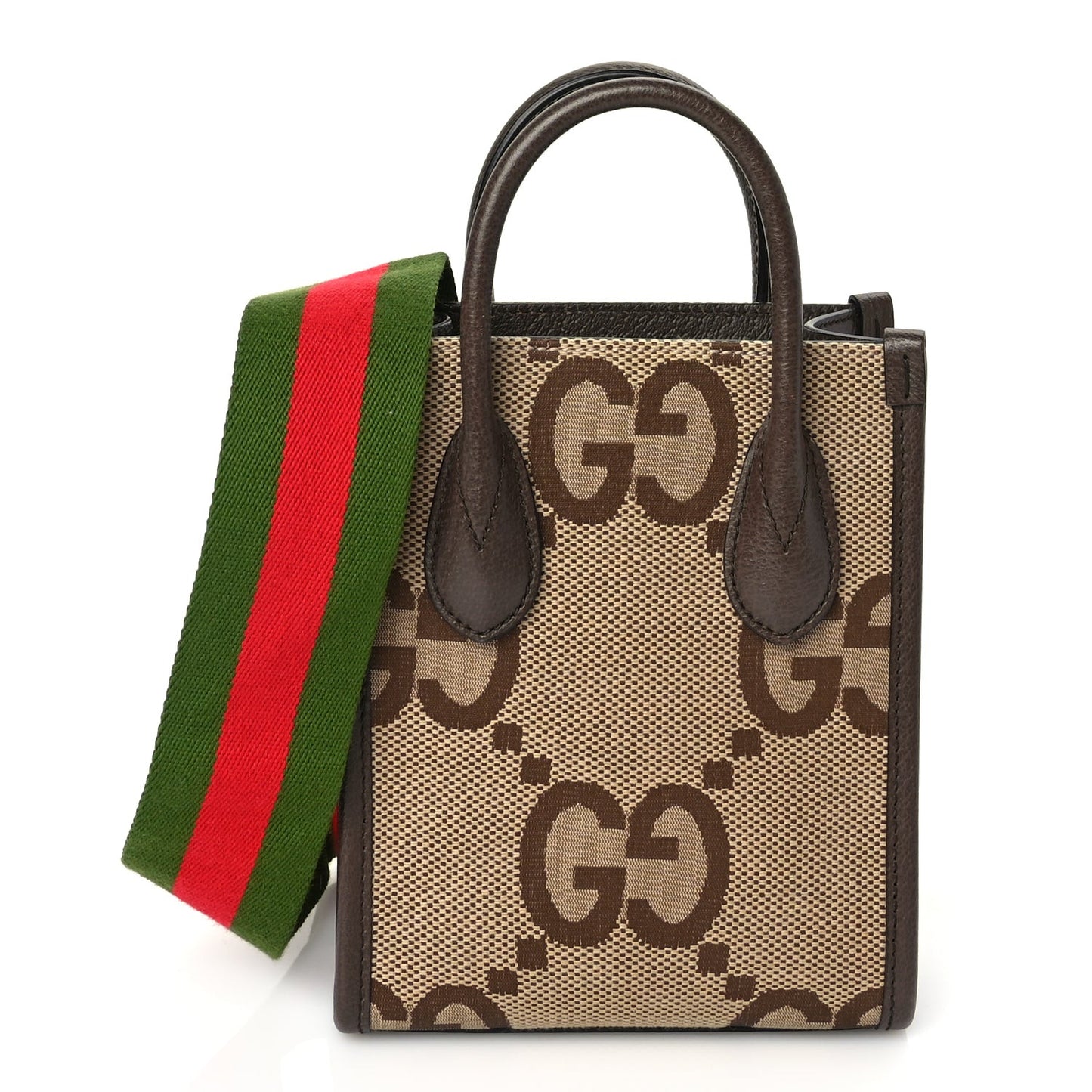 GUCCI Monogram Jumbo GG Textured Dollar Calfskin Web Mini Vertical Tote Camel Ebony New Acero