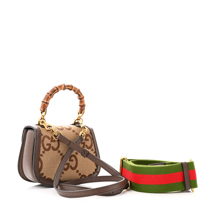 Gucci Monogram Jumbo GG Textured Dollar Calfskin Web Mini Bamboo 1947 Top Handle Bag Camel Ebony New Acero 3 of 15