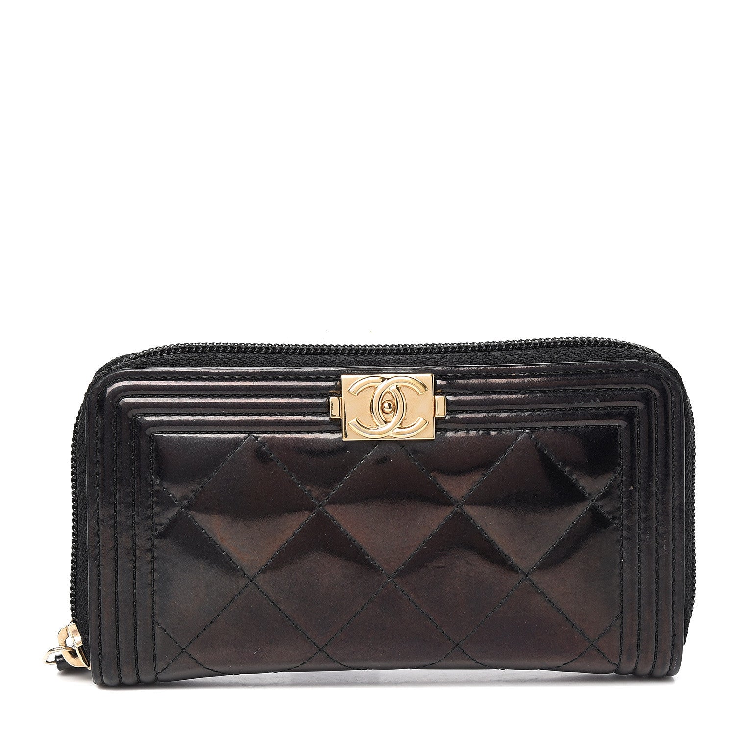 Chanel Glazed Calfskin Quilted Small Boy Zip Around Wallet Black 1 of 9