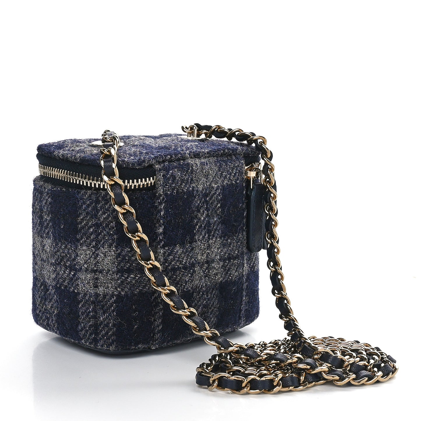 Wool Plaid Quilted Mini Vanity Case With Chain Blue