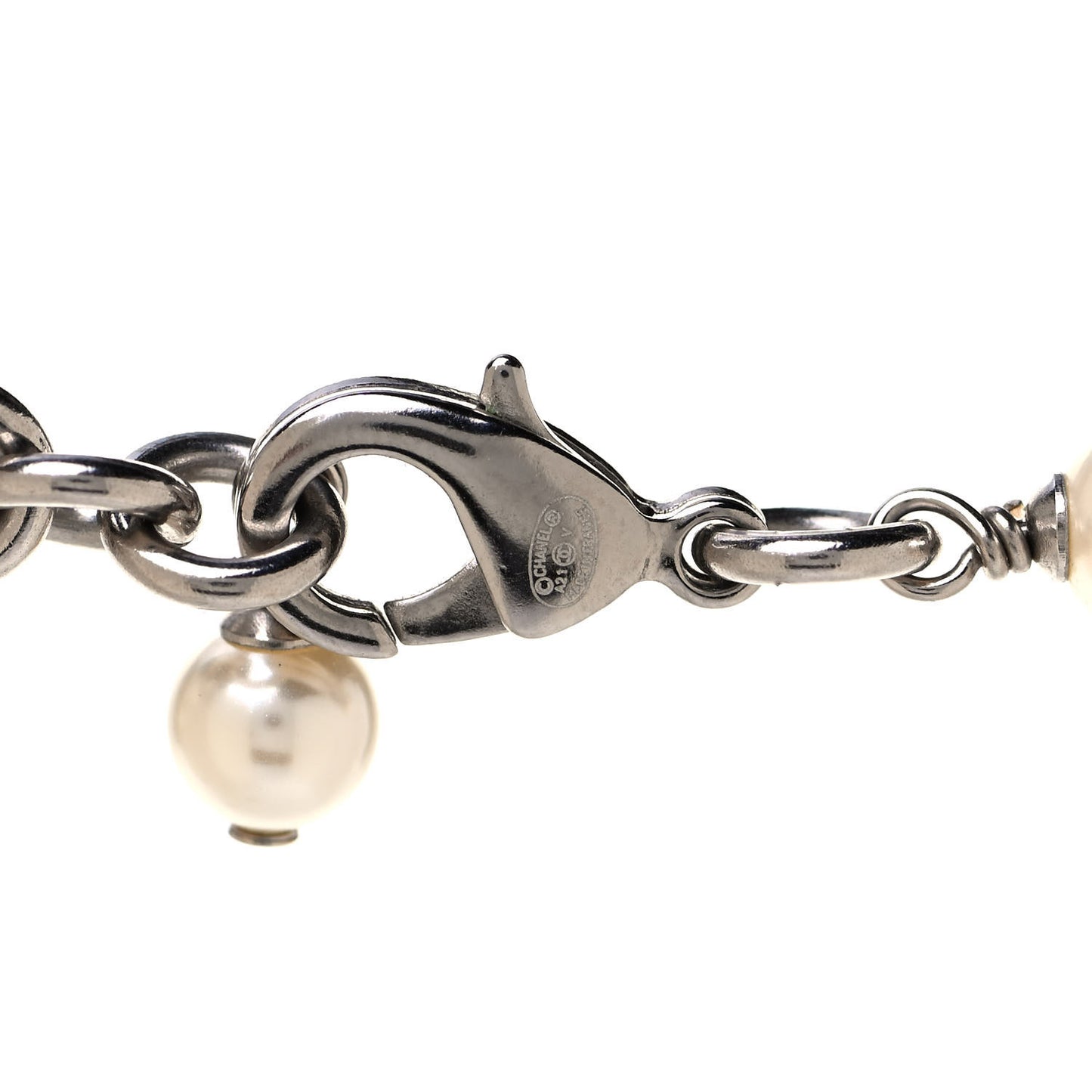 Graduated Pearl Crystal CC Long Necklace Silver