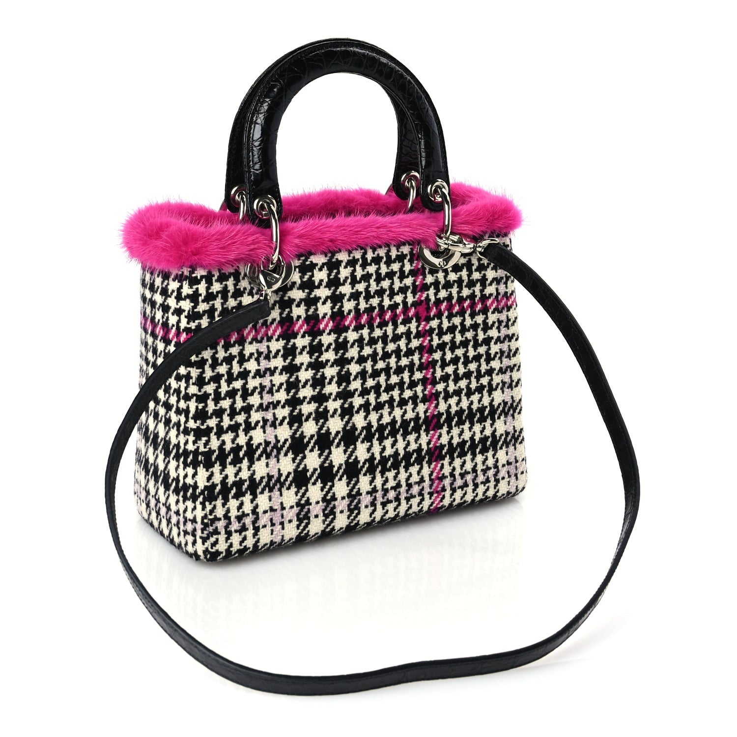 Christian Dior Tweed Crocodile Mink Plaid Medium Lady Dior Black Pink White 3 of 16