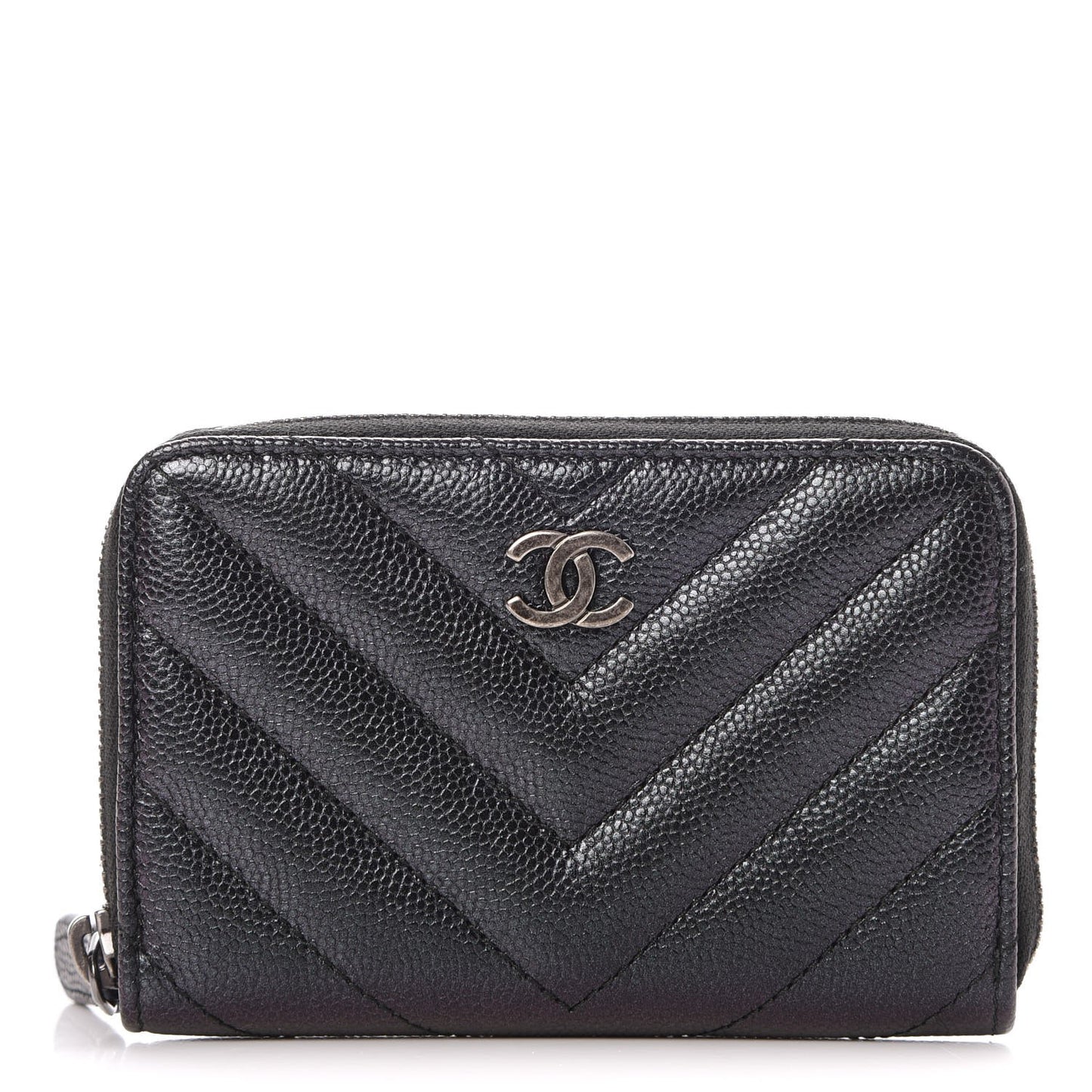 Iridescent Caviar Chevron Quilted Zip Around Coin Purse Black