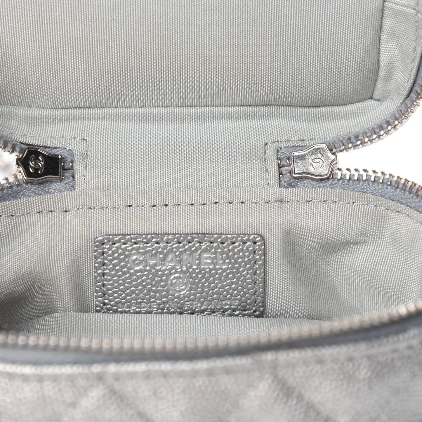 Metallic Caviar Quilted Mini Top Handle Vanity With Chain Silver