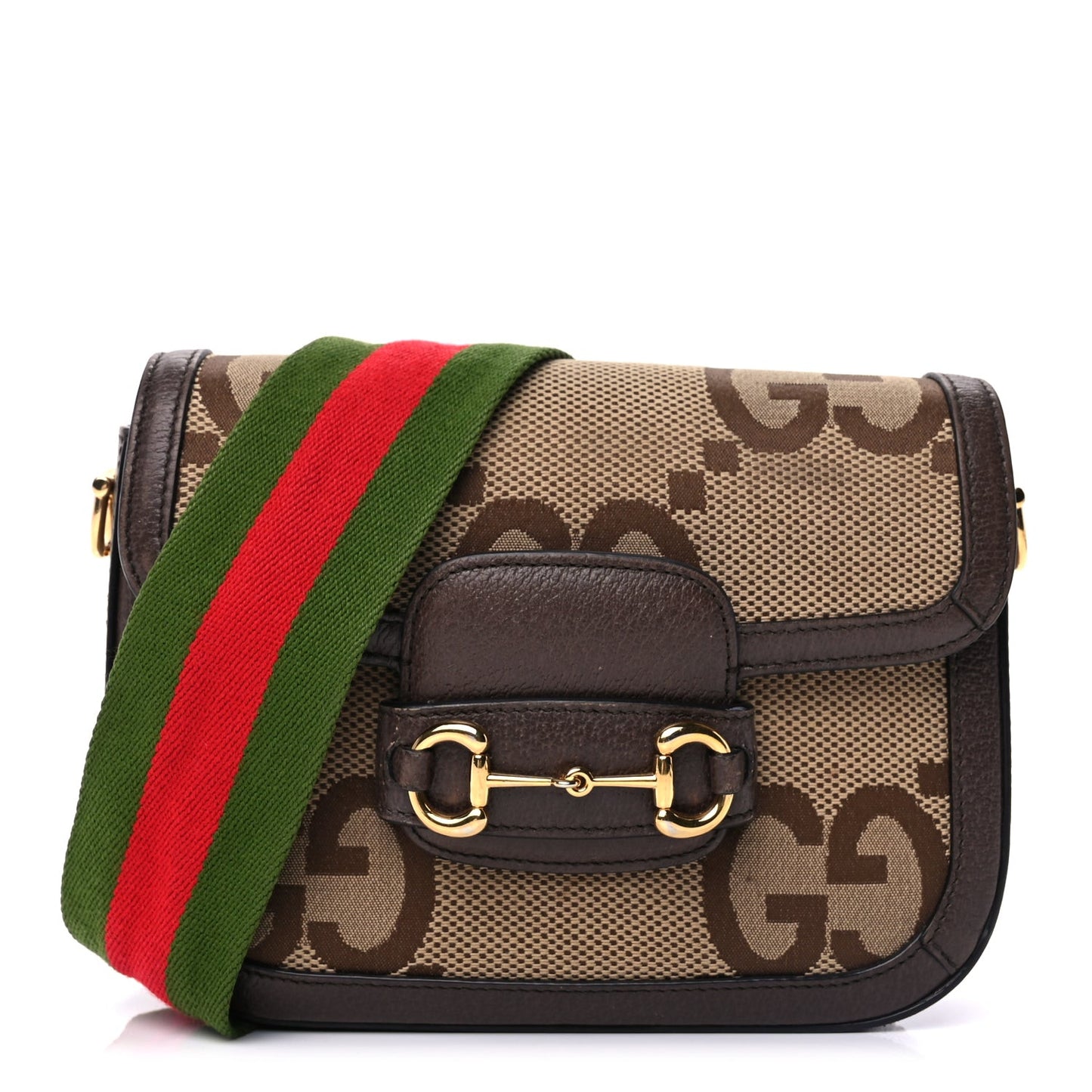 Monogram Jumbo GG Textured Dollar Calfskin Web Mini Horsebit 1955 Shoulder Bag Camel Ebony New Acero