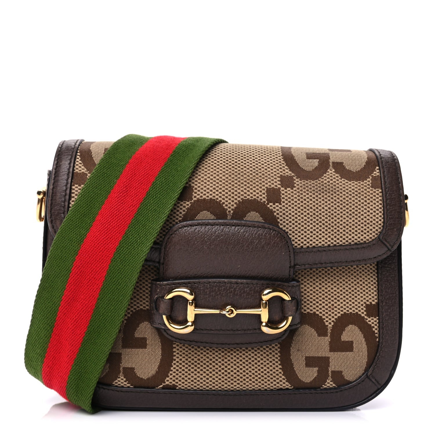Gucci Monogram Jumbo GG Textured Dollar Calfskin Web Mini Horsebit 1955 Shoulder Bag Camel Ebony New Acero 1 of 9