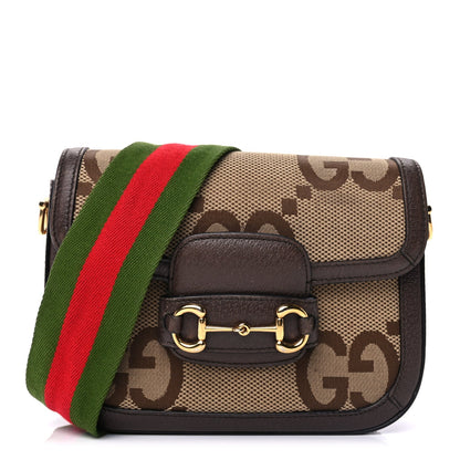 Gucci Monogram Jumbo GG Textured Dollar Calfskin Web Mini Horsebit 1955 Shoulder Bag Camel Ebony New Acero 1 of 9