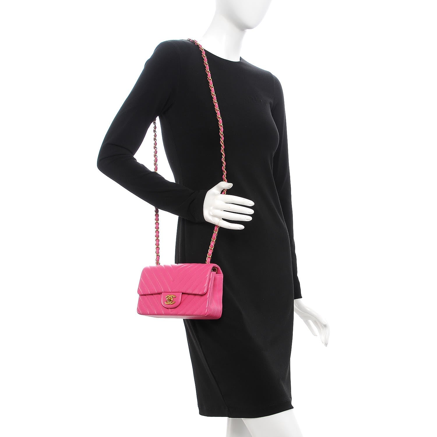 Chanel Lambskin Chevron Quilted Mini Rectangular Flap Fuchsia 2 of 8