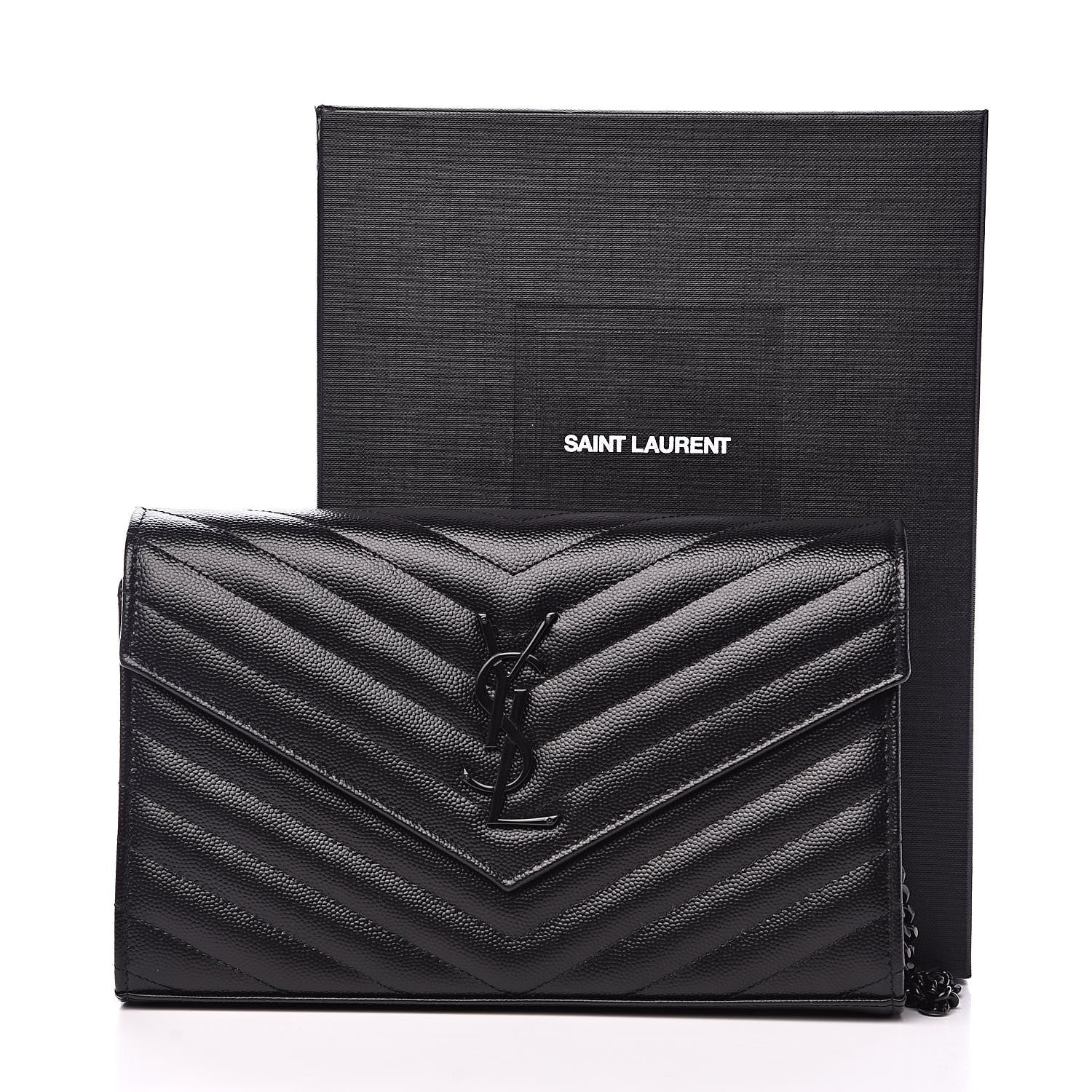 Saint Laurent Grain De Poudre Matelasse Chevron Monogram Chain Wallet Black 10 of 10