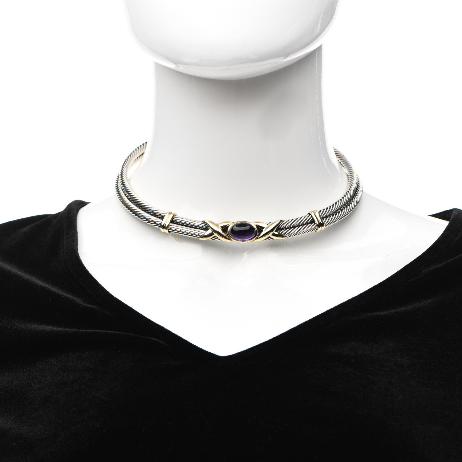 David Yurman Sterling Silver 14K Yellow Gold Amethyst Cable Choker Necklace 2 of 4