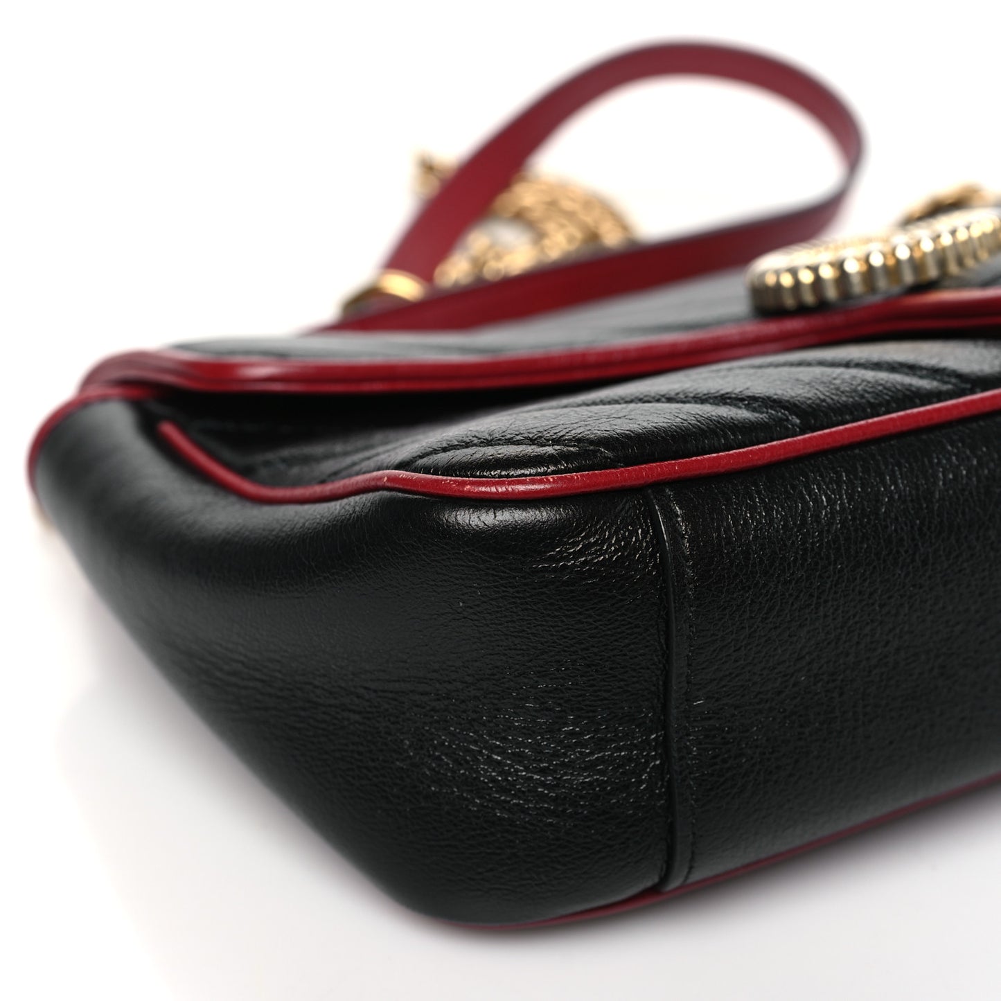 Vintage Effect Calfskin Matelasse Diagonal Small Torchon GG Marmont Shoulder Bag Black Romantic Cherry