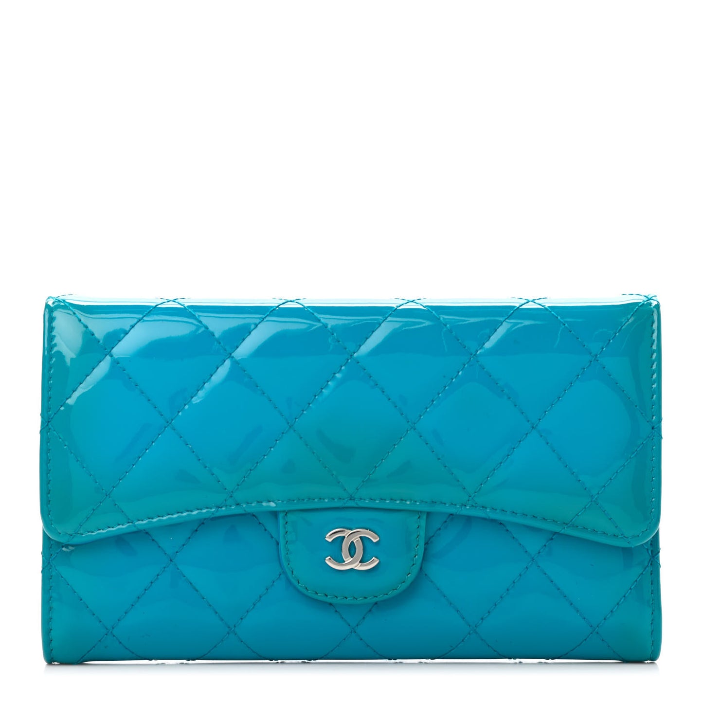 Patent Quilted Large Flap Wallet Blue