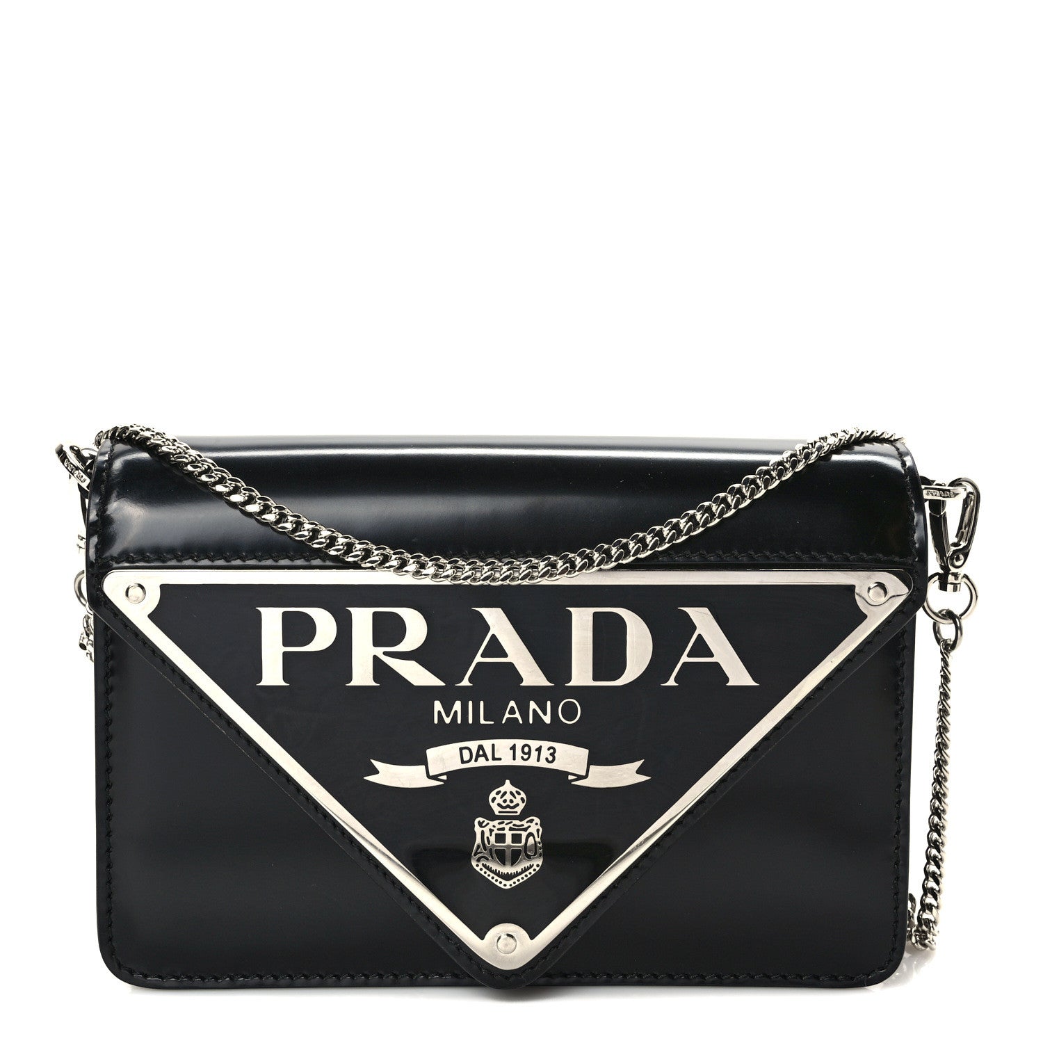 Prada Spazzolato Triangle Logo Plate Flap Chain Crossbody Bag Black 1 of 8