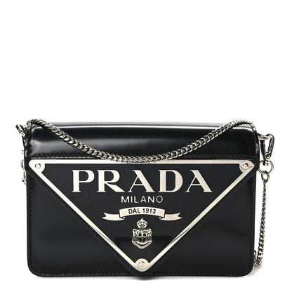 Prada Spazzolato Triangle Logo Plate Flap Chain Crossbody Bag Black 1 of 8