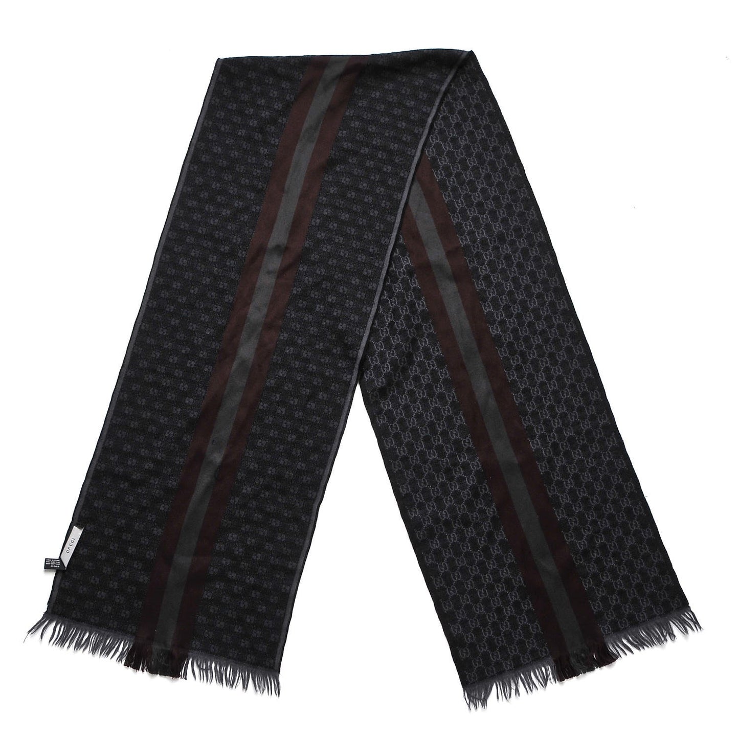 Wool Silk GG Monogram Web Verbier Fringe Scarf Charcoal