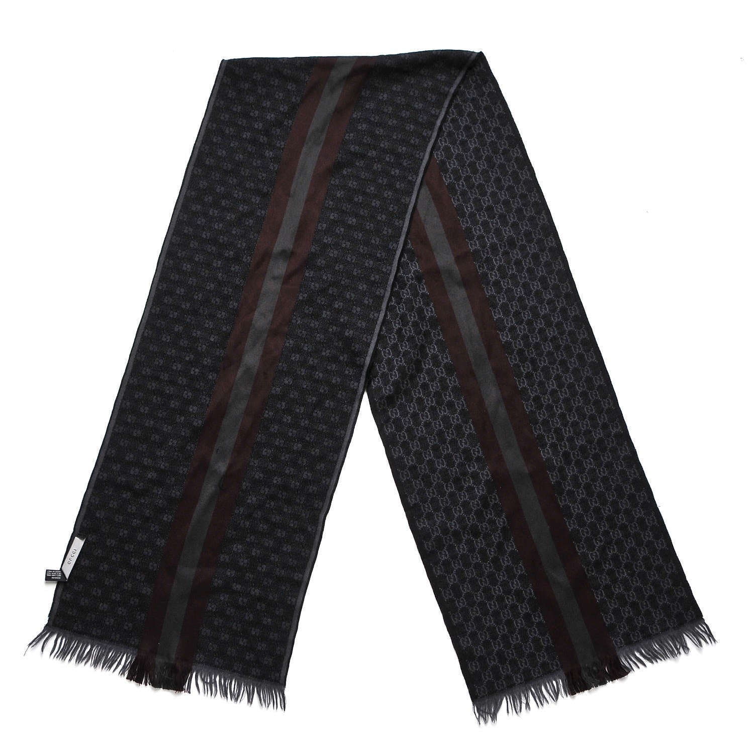 Gucci Wool Silk GG Monogram Web Verbier Fringe Scarf Charcoal 3 of 9