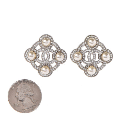 Chanel Pearl Crystal CC Earrings Silver 2 of 5