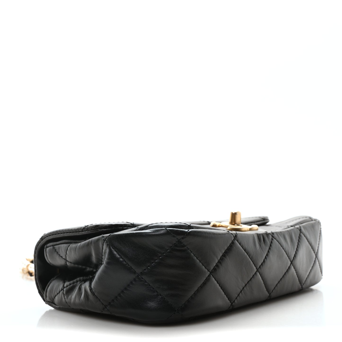 Calfskin Quilted Mini Rectangular Crystal Pearls Chain Flap Black