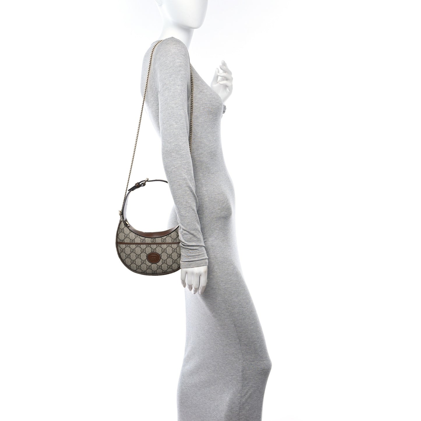 GG Supreme Monogram Azalea Calfskin Mini Retro Interlocking G Half Moon Bag Beige Ebony Brown Sugar