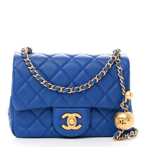 Lambskin Quilted Mini Pearl Crush Flap  Blue