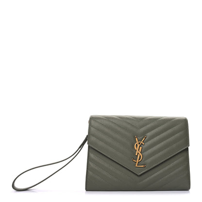 Saint Laurent Grain De Poudre Matelasse Chevron Monogram Envelope Clutch  Light Sage 2 of 7