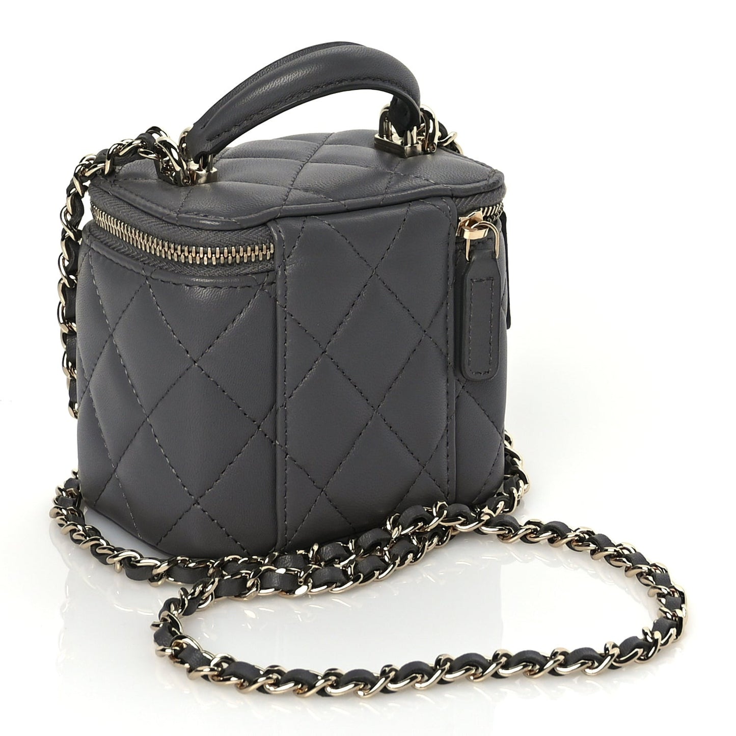 Lambskin Quilted Top Handle Mini Vanity Case With Chain Grey
