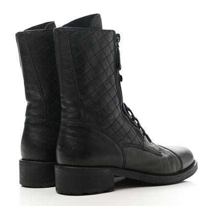 Chanel Sheepskin Quilted CC Tall Lace Up Combat Boots 38 Black 4 of 10