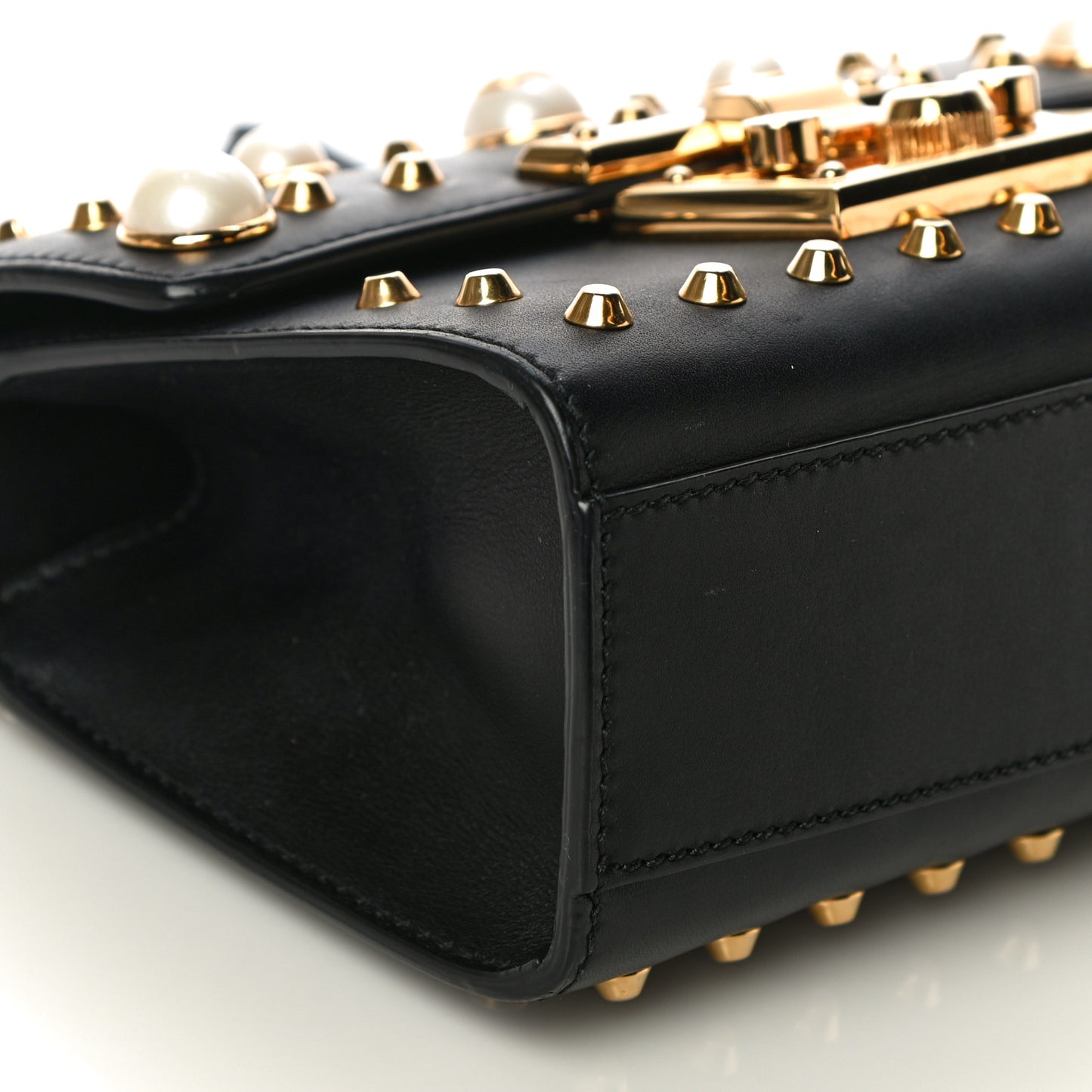 Calfskin Studded Small Padlock Shoulder Bag Black