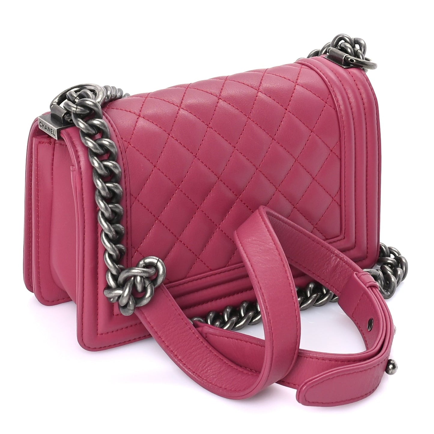 Lambskin Quilted Small Boy Flap  Dark Pink