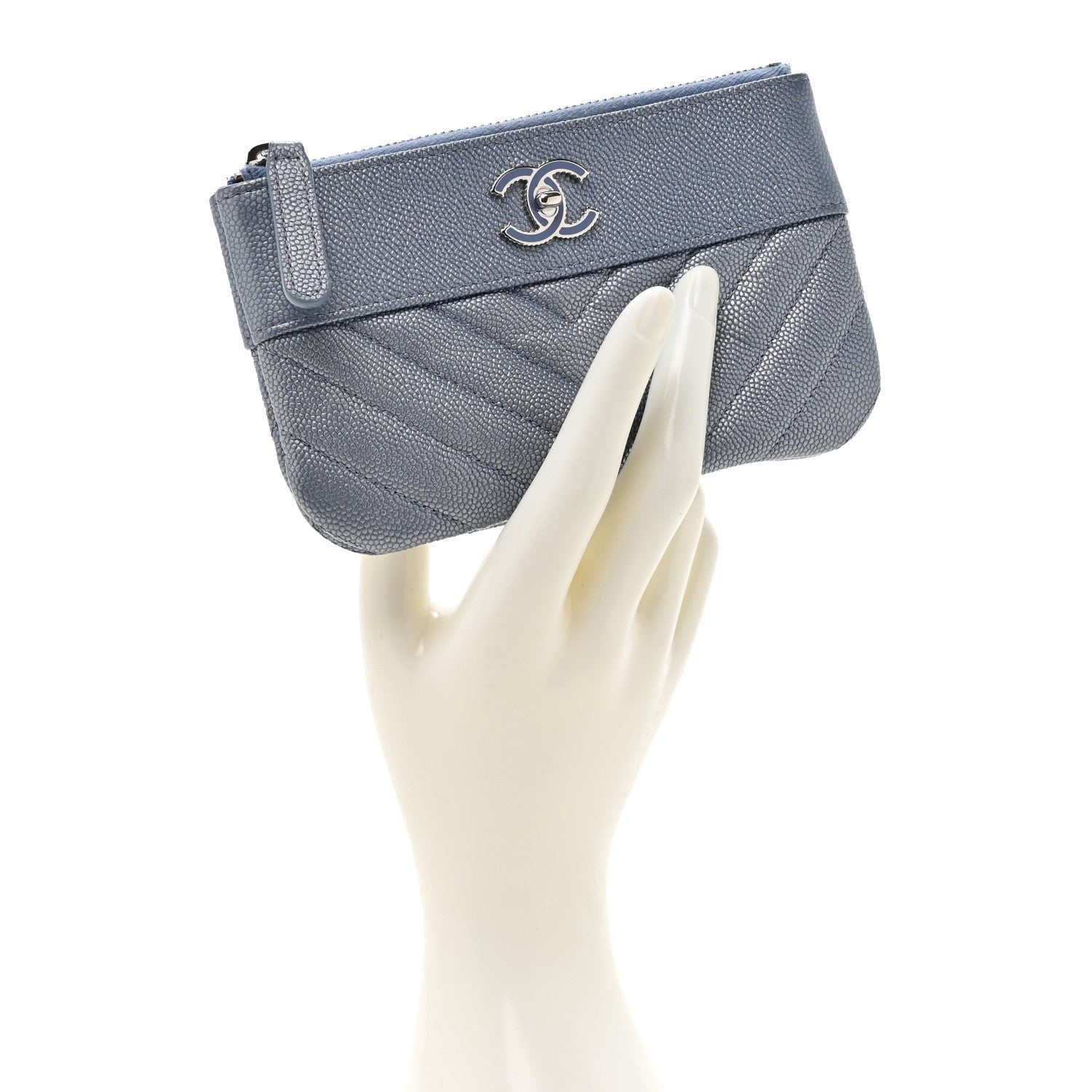 Chanel Caviar Chevron Quilted Small Vintage Mademoiselle Cosmetic Case Blue 2 of 7