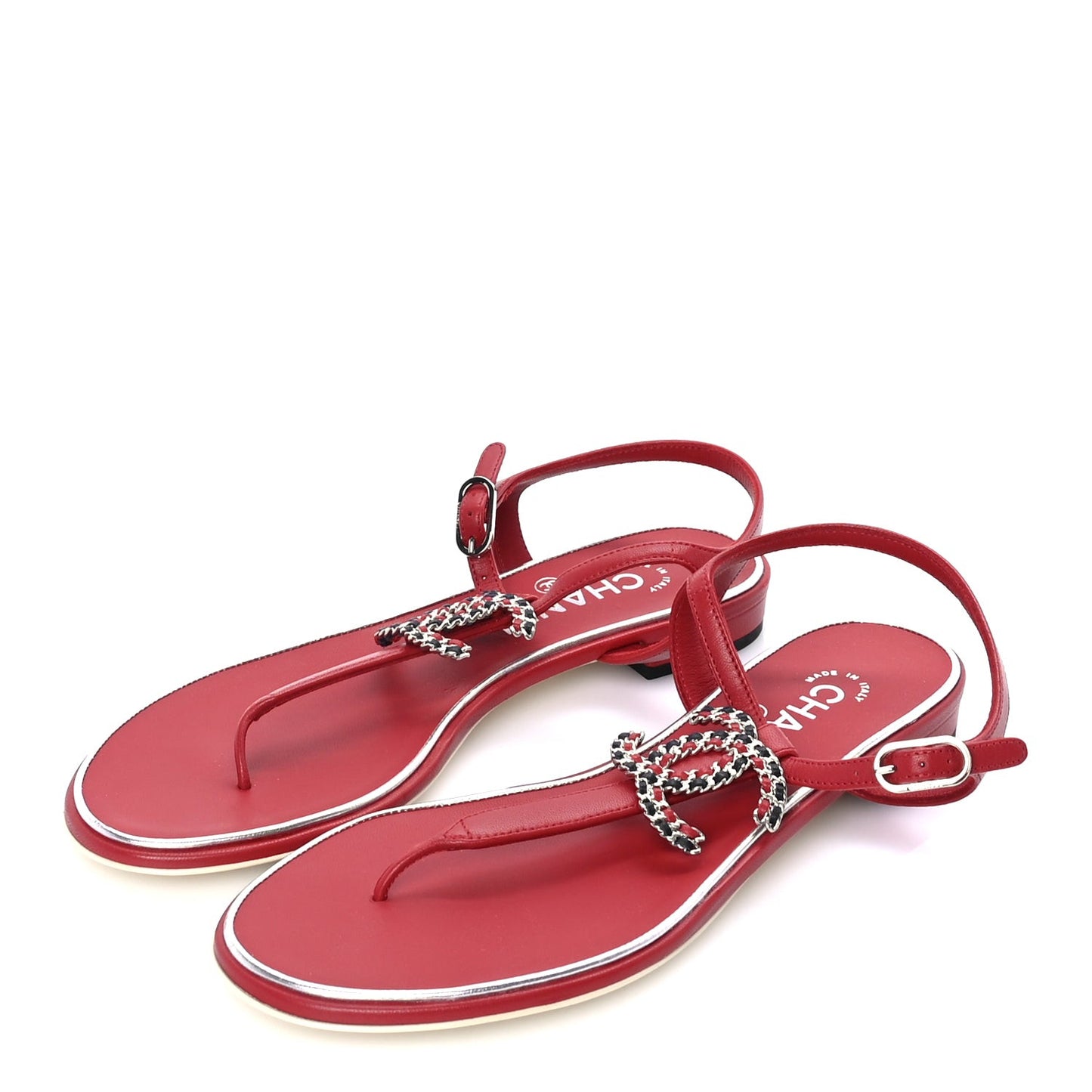 Lambskin CC Chain Thong Sandal 38 Red