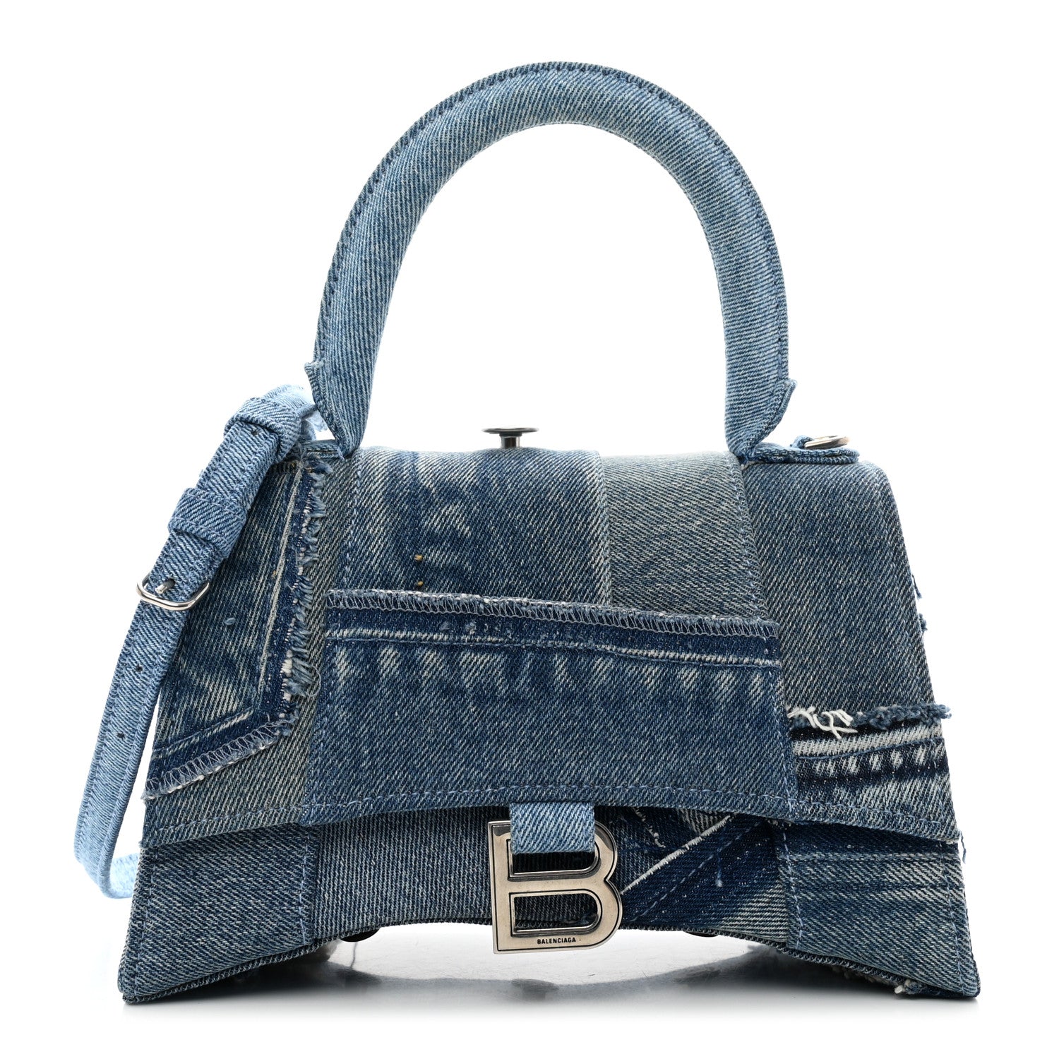 Balenciaga Denim Patchwork Small Hourglass Top Handle Bag Washed Blue 1 of 10