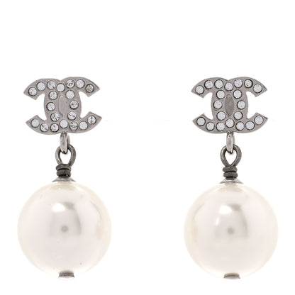 Chanel Crystal Pearl CC Drop Earrings Silver Pearly White 1 of 5