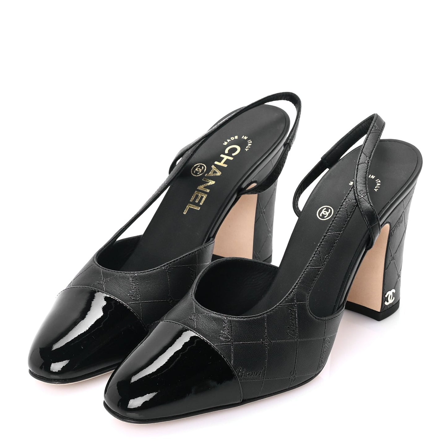 Lambskin Patent Calfskin Quilted Cap Toe Coco CC Slingback Pumps 37.5  Black