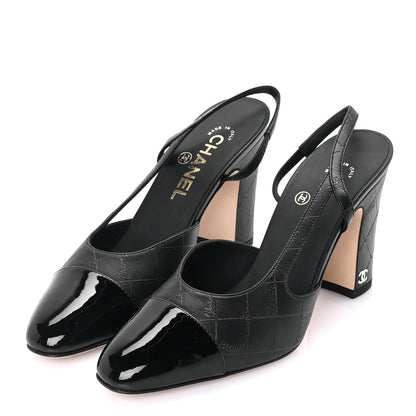 Chanel Lambskin Patent Calfskin Quilted Cap Toe Coco CC Slingback Pumps 37.5  Black 2 of 8