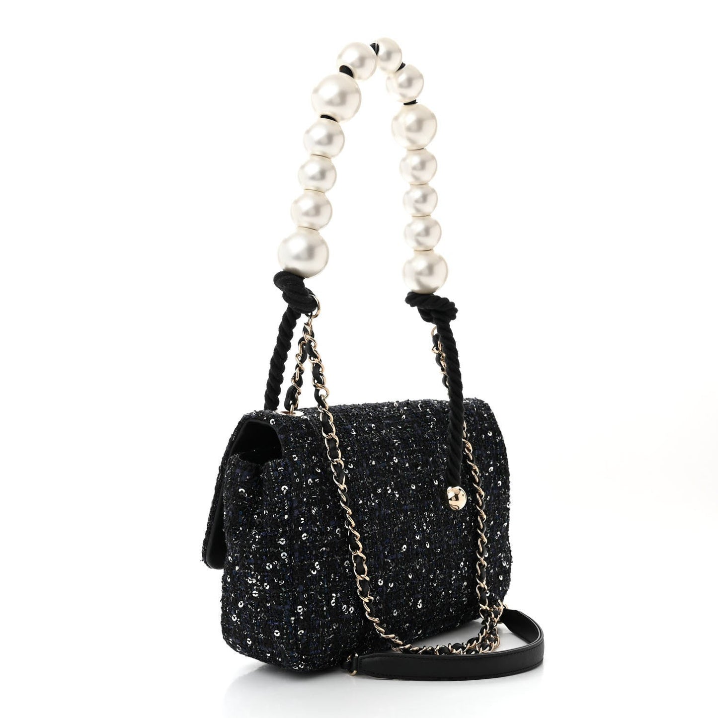 Tweed Medium Pearl Handle Flap Black Ecru