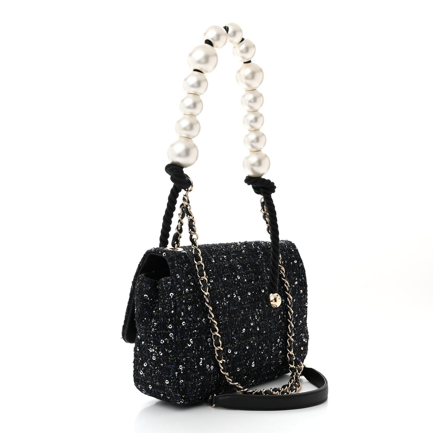Chanel Tweed Medium Pearl Handle Flap Black Ecru 3 of 7