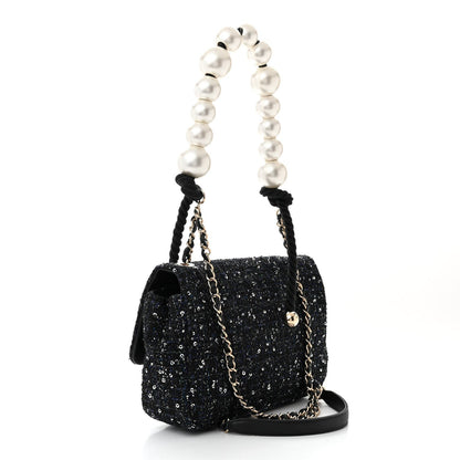 Chanel Tweed Medium Pearl Handle Flap Black Ecru 3 of 7