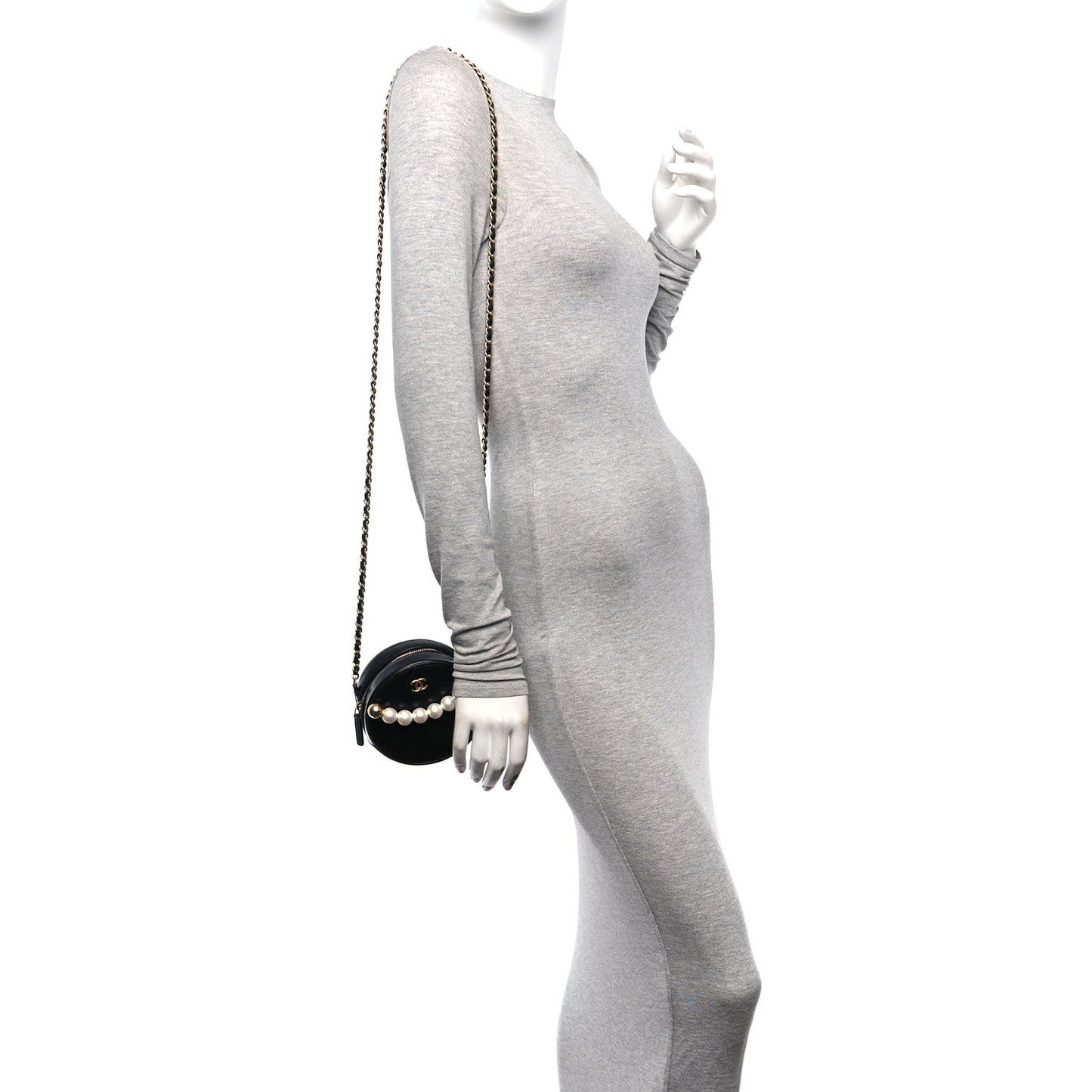 Goatskin Quilted Chic Pearls Chain Round Clutch With Chain Black