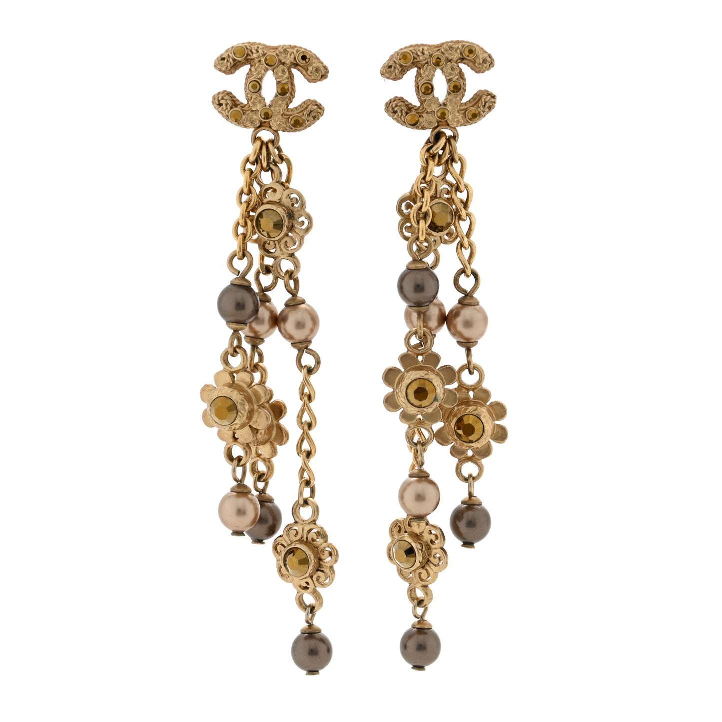 Chain Pearl Flower Dangle Earrings in Gold Gold
