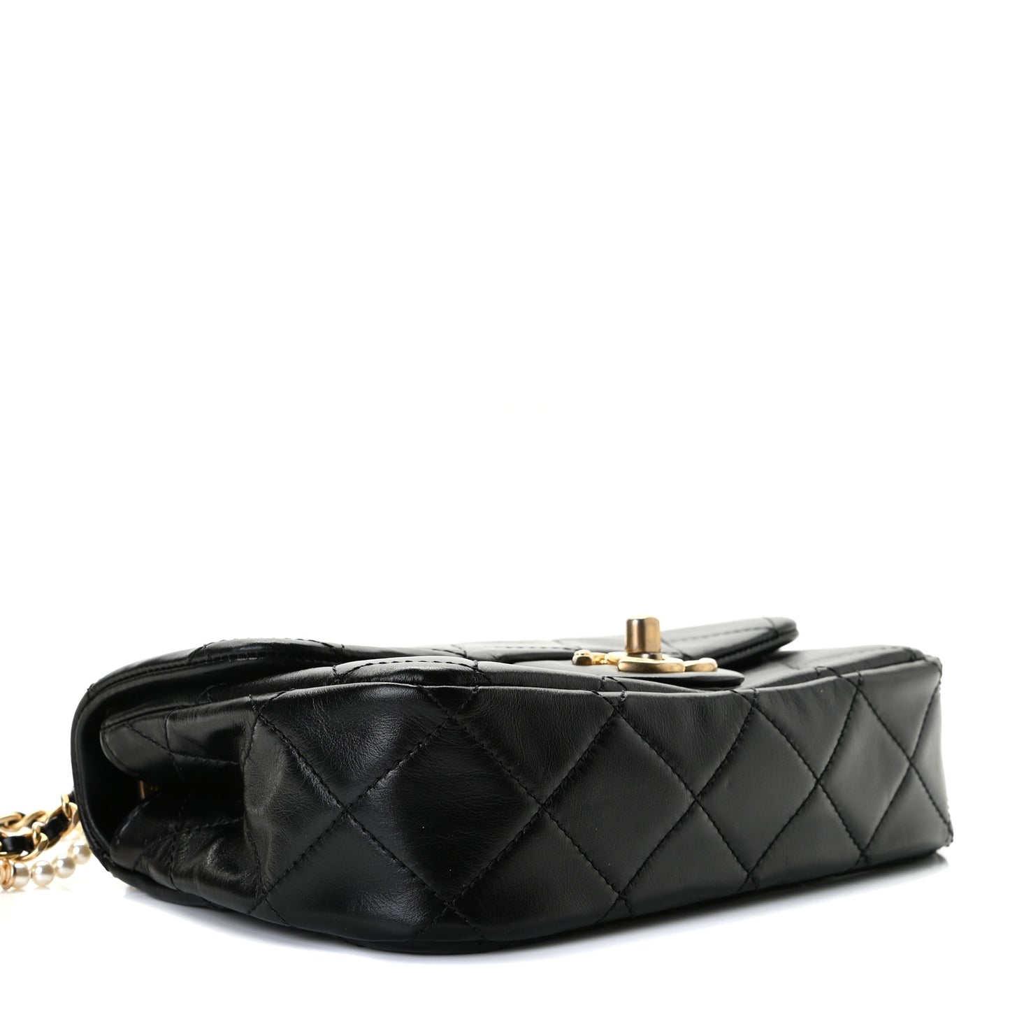 Calfskin Quilted Mini Rectangular Crystal Pearls Chain Flap Black